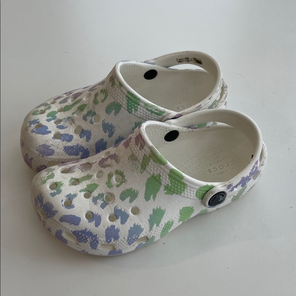 Kids White Crocs Shoes with Pastel Print